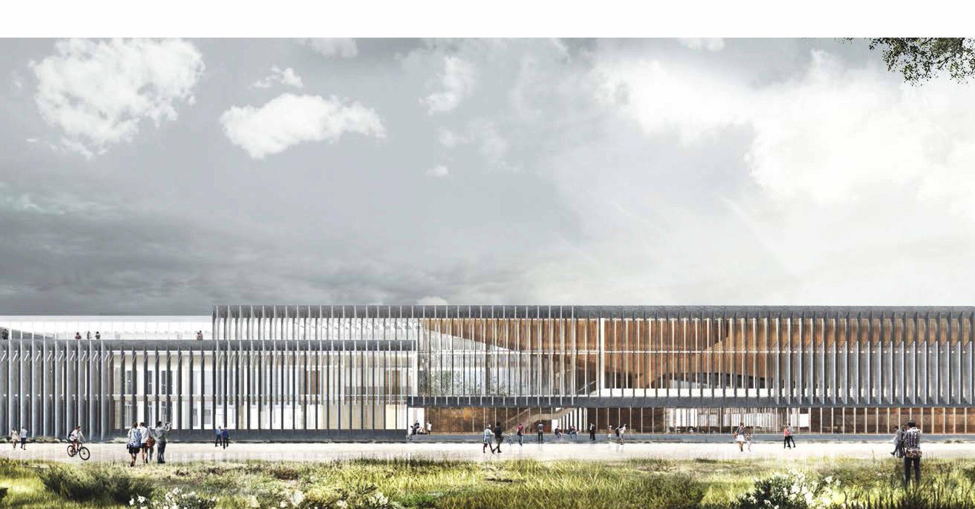 Render de la fachada principal con su piel de parasoles verticales
