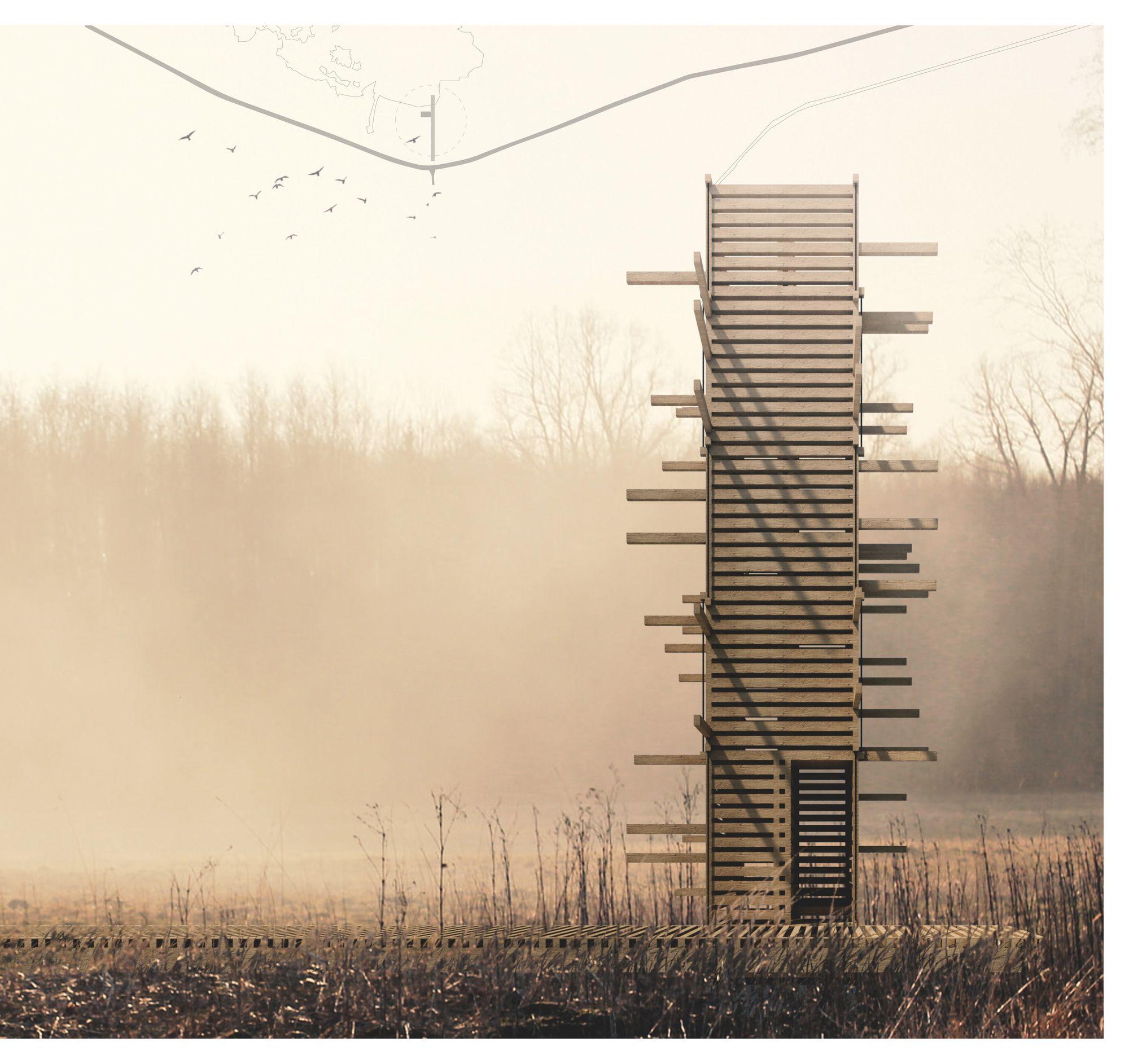 La torre de observación de madera entre la niebla