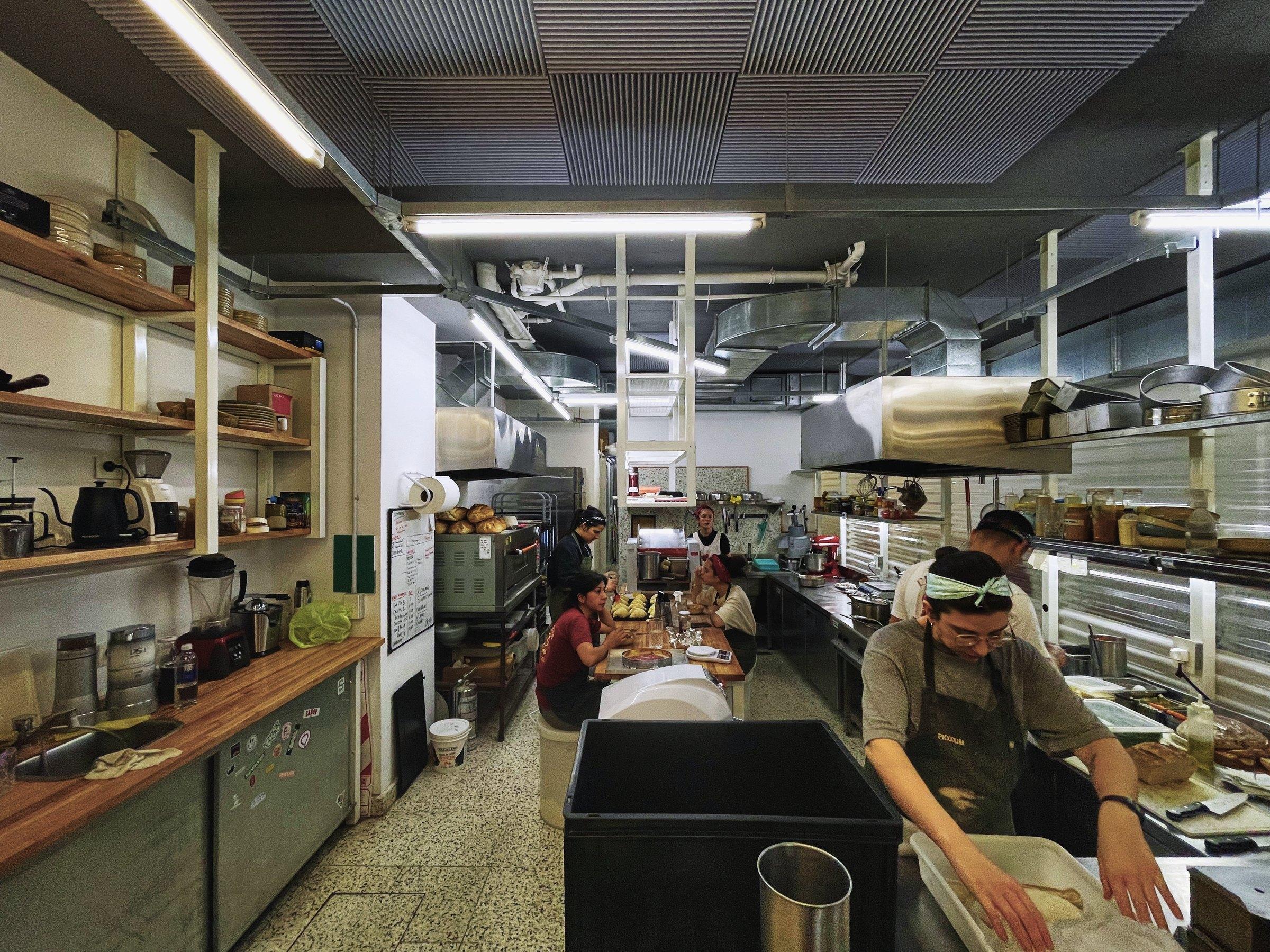Cocina abierta con estanterías de madera