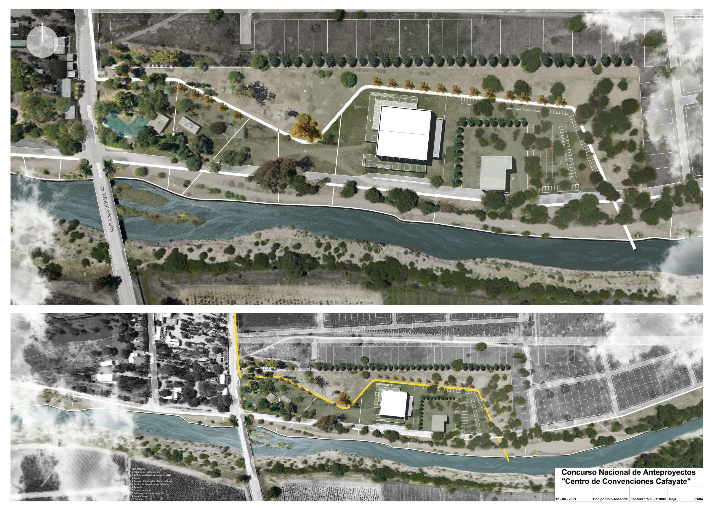 Lámina 1: implantación sobre el río y foto aérea del sitio