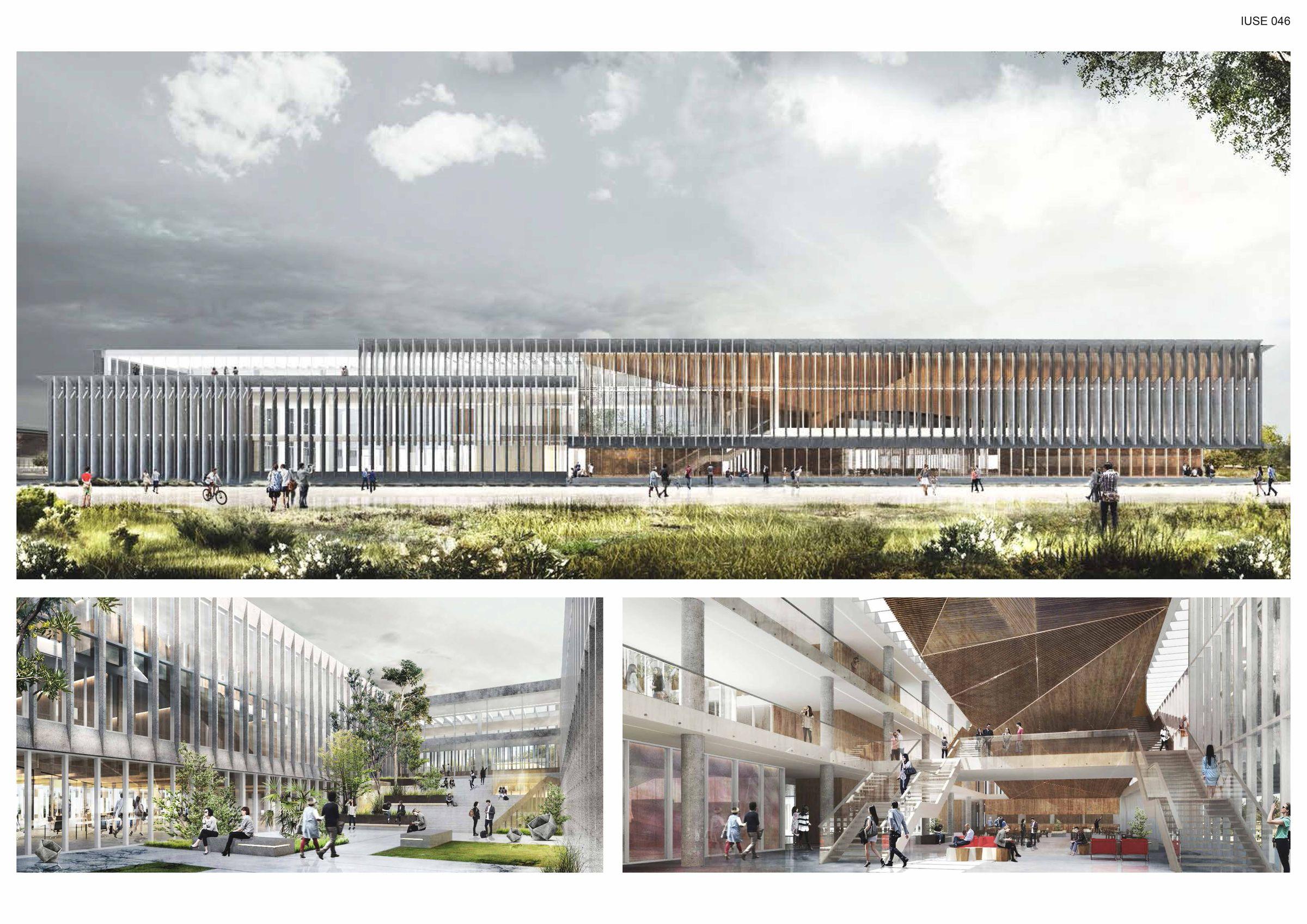 Lámina 1: renders exterior, del patio y del hall interior